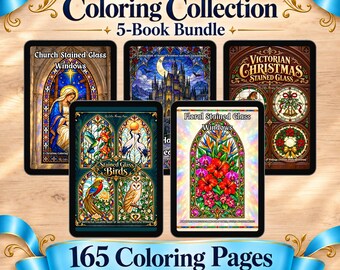 May include: A 5-book bundle titled Stained Glass Coloring Collection featuring 165 coloring pages in PDF and PNG formats. The books include Church Stained Glass Windows, Stained Glass Birds, Floral Stained Glass Windows, and Victorian Christmas.