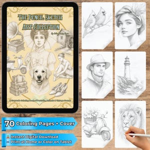 May include: A digital art collection displayed on a tablet, featuring pencil sketches of portraits, animals, and vintage scenes. The cover art includes a woman, dog, and various vintage items. Additional sketches of birds, a woman, a man, a lighthouse, a scooter, and a lion are also shown.
