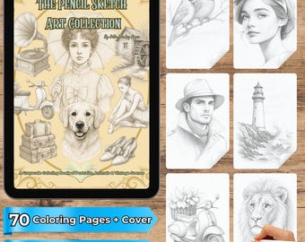 The Pencil Sketch Art Collection Coloring Book | 70 Grayscale Pages of Portraits, Animals & Vintage Objects
