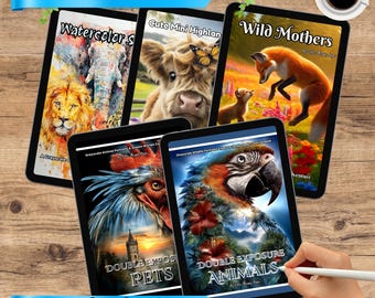 May include: Five digital books displayed on tablets, featuring unique animal designs. The covers showcase watercolor art of an elephant and lion, a Highland cow, a fox with a cub, a rooster, and a parrot. Text includes "Unique Animal Designs" and "5 Curated Books + Covers".