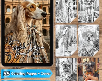 Libro para colorear Perros con estilo en la ciudad / Escenas de viajes caninos en escala de grises (PDF y PNG)