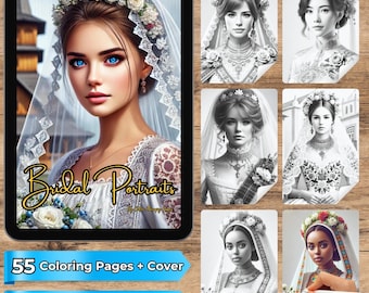 Bridal Portraits Coloring Book | 55 Grayscale Pages of Ethnic Wedding Dresses | PDF & PNG