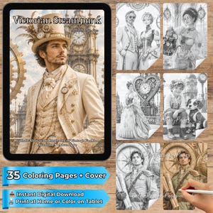 Op de afbeelding: Een digitaal kleurboek getiteld Victorian Steampunk met 35 grijswaardenpagina's over vintage mode, uitvindingen en avontuur. De omslag toont een man in een hoge hoed en pak, terwijl de binnenpagina's diverse gedetailleerde illustraties bevatten.
