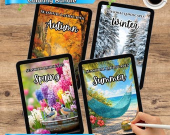 May include: A bundle of four digital coloring books, each depicting a different season: Autumn, Winter, Spring, and Summer. The covers feature vibrant images of seasonal landscapes. The bundle includes PDF and PNG files.