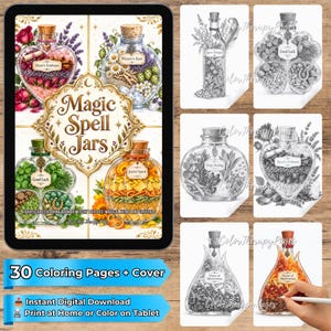 Puede incluir: Un libro de colorear digital titulado Magic Spell Jars que contiene 30 páginas de frascos de vidrio llenos de hierbas, cristales y flores. La portada muestra cuatro frascos a color, mientras que las páginas interiores muestran dibujos.