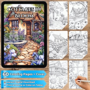 以下が含まれることがあります： 「Cottages in Bloom」というタイトルのデジタル塗り絵本の表紙。石畳の小道、噴水、鮮やかな花が描かれたコテージの詳細なイラスト。画像には「Grayscale Gardens and Retreats」と「60 Coloring Pages + Cover」というテキストが含まれています。
