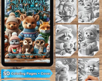 Christmas Animals Coloring Book | 50 Winter Wildlife Grayscale Pages (Digital Download)