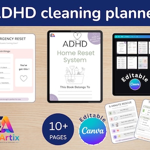 Op de afbeelding: Een ADHD-schoonmaakplanner met de tekst "ADHD cleaning planner" bovenaan. De afbeelding toont een tablet en verschillende afdrukken met checklists en de tekst "Emergency Reset" en "Home Reset System". De planner is bewerkbaar in Canva.