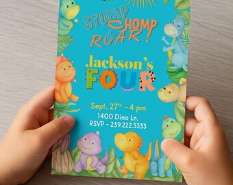Editable Dinosaur Birthday Invitation | Stomp Chomp Roar Party Invite | Kids Prehistoric Digital Download | Boy’s Dino Birthday Template