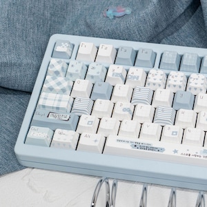 Könnte beinhalten: Eine hellblaue mechanische Tastatur mit weißen und hellblauen Tastenkappen. Die Tastenkappen weisen verschiedene Muster auf, darunter Vichy, Streifen und Herzen. Die Tastatur hat einen hellblauen Rahmen und enthält Text auf einigen Tasten.