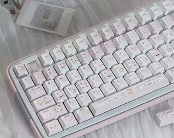 Conjunto de teclas artesanais em tons pastel com tema de urso fofo para teclado mecânico - Design estético kawaii - KeyArtisan®
