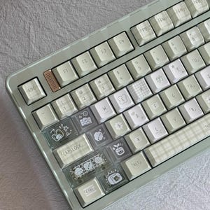 Może przedstawiać: Miętowa zielona klawiatura mechaniczna z białymi i wzorzystymi nakładkami na klawisze. Niektóre nakładki na klawisze mają przezroczyste osłony z ilustracjami z kreskówek. Klawiatura ma metalową ramę i różne klawisze funkcyjne.