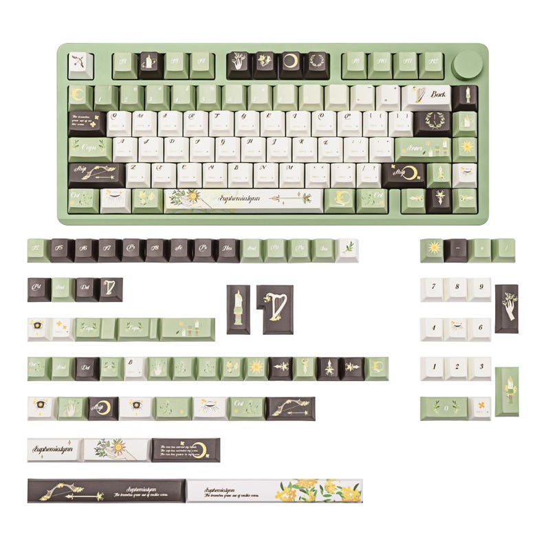 Puede incluir: Un teclado mec&aacute;nico verde menta con teclas blancas y marr&oacute;n oscuro. Las teclas presentan dise&ntilde;os celestiales y florales, con el texto "Paphiopedilum" y otros s&iacute;mbolos. Se muestran teclas adicionales debajo del teclado.