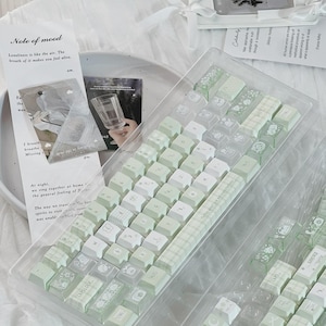 Puede incluir: Un conjunto de teclas de teclado en verde pastel y blanco en un recipiente de pl&aacute;stico transparente. Las teclas presentan varios dise&ntilde;os, incluidos patrones florales y texto. La imagen tambi&eacute;n muestra una bandeja blanca con tarjetas impresas y un estuche blanco peque&ntilde;o.