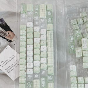 Puede incluir: Un conjunto de teclas de teclado verde claro y blanco en un recipiente de pl&aacute;stico transparente. Las teclas presentan varios dise&ntilde;os, incluyendo cuadros, florales y dibujos animados. Algunas teclas tienen texto como "CAPSLOCK" y "CTRL".