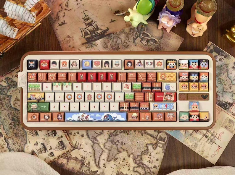 May include: A custom mechanical keyboard with a brown frame and white keycaps. The keycaps feature colorful cartoon character designs and themed artwork. The keyboard sits on a wooden surface with a map.