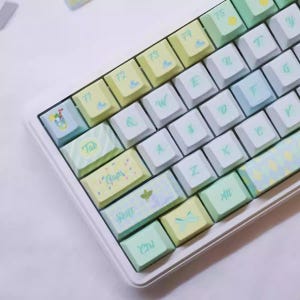 May include: A pastel-colored keyboard with white, yellow, and blue keycaps. The keys feature letters, numbers, and symbols, with some keys displaying decorative illustrations and text such as "Tab", "Caps", and "Shift". The keyboard has a white frame.