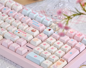 Cute Birthday Cat Theme Pink Keycap Set – Pastel Keycaps, Kawaii Keycaps, Cherry Profile, PBT Dye-Sub, for MX Switch Mechanical Keyboard