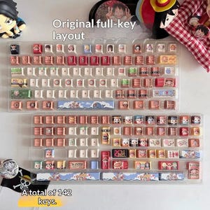 May include: A full-key keyboard layout with 142 keys, featuring custom keycaps with various character designs. The keycaps are in a variety of colors, including white, red, and brown. The text "Original full-key layout" and "A total of 142 keys" are visible.