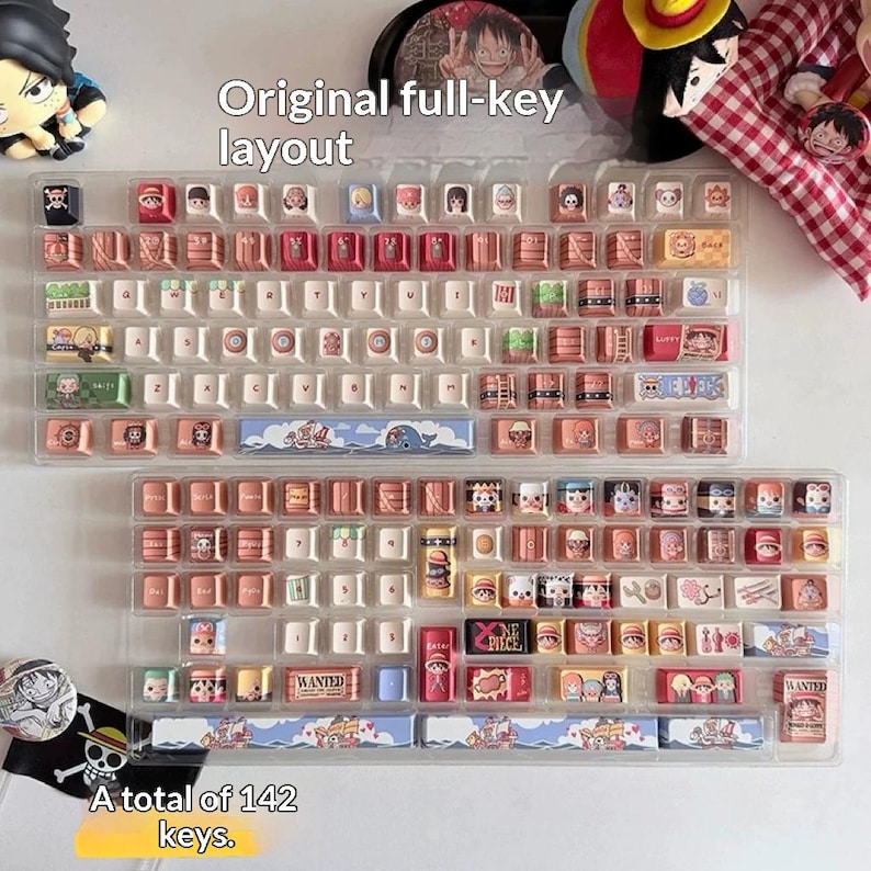 May include: A full-key keyboard layout with 142 keys, featuring custom keycaps with various character designs. The keycaps are in a variety of colors, including white, red, and brown. The text "Original full-key layout" and "A total of 142 keys" are visible.