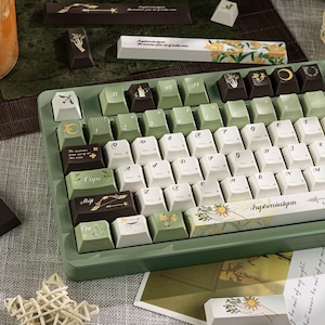 Puede incluir: Un teclado personalizado con marco verde y teclas blancas, verdes y marrones. Las teclas presentan varias ilustraciones y texto, incluyendo dise&ntilde;os florales y la palabra "Caps". El teclado est&aacute; rodeado de teclas adicionales y elementos decorativos.