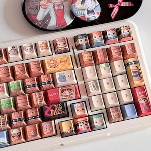 May include: A white keyboard with custom keycaps featuring cartoon characters. The keycaps are brown, white, and various colors. Above the keyboard are three round pins and a black tray with a cartoon image.