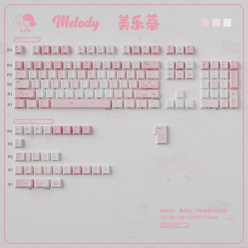 May include: A set of pink and white keyboard keycaps arranged on a white surface. The keycaps are in various sizes and shapes, with some featuring printed characters. The word "Melody" is written in pink script, and Chinese characters are also visible.