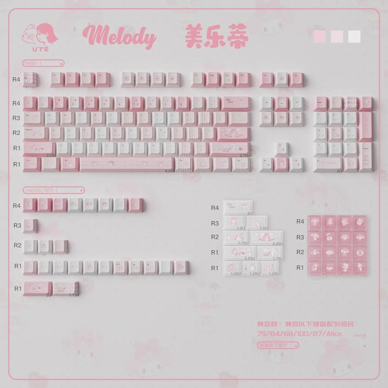 May include: A set of pink and white keyboard keycaps with the word "Melody" in pink script. The keycaps are arranged in rows and columns, with additional keycaps displayed separately. The image includes text in English and Chinese.