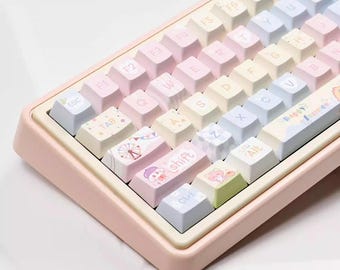 Cute Summer Party Tamagotchi Keycap Set for Mechanical Keyboard, Pastel Kawaii Design, Cherry Profile, PBT Dye-Sub, 141 Keys