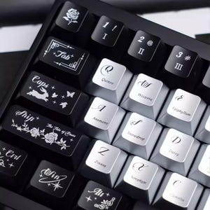 Pode incluir: Close-up de um teclado mecânico com teclas personalizadas. As teclas são pretas e prateadas com letras brancas e desenhos florais. Algumas teclas têm símbolos, outras nomes botânicos como "Wisteria" e "Anemone".