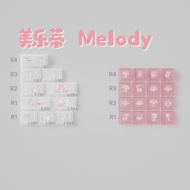 May include: Pink keyboard keycaps with cartoon character designs, arranged in a grid. The word "Melody" is written in pink above the keycaps. There are also several clear plastic containers with cartoon character designs.