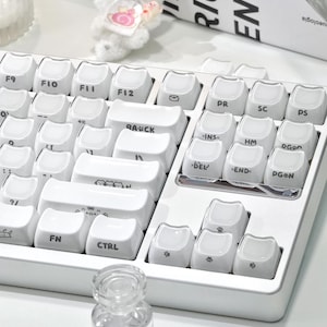 May include: A white mechanical keyboard with custom keycaps. The keycaps have various symbols and text, including "FN" and "CTRL". A small plush toy and a clear glass bottle are also in the image.