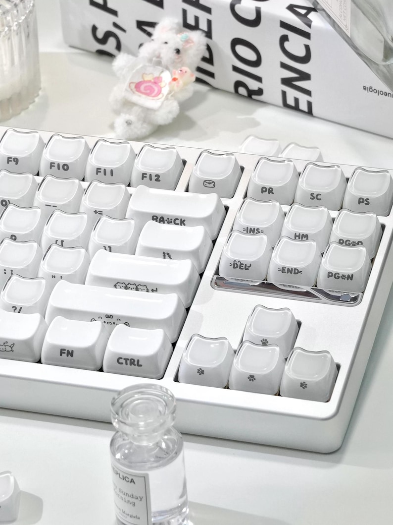 May include: A white mechanical keyboard with custom keycaps. The keycaps have various symbols and text, including "FN" and "CTRL". A small plush toy and a clear glass bottle are also in the image.