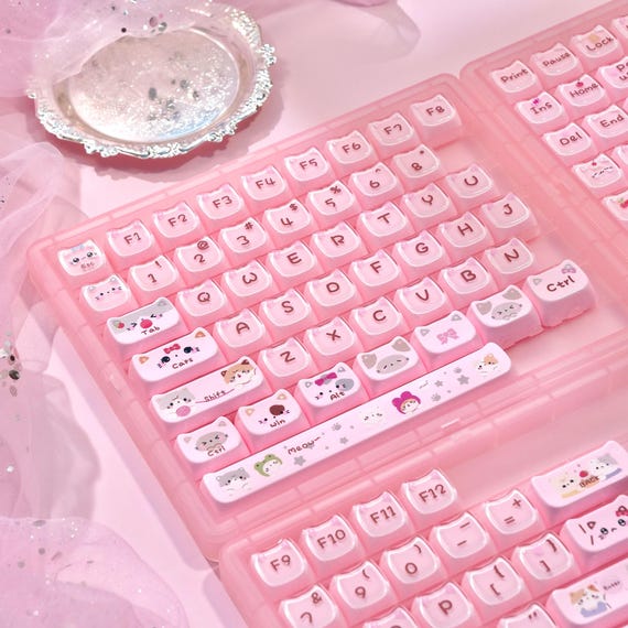 Crystal Jelly Cat Kawaii Pink Keycap Set for Mechanical Keyboard | Cute Artisan Keycaps, MAO Profile Design – KeyArtisan®