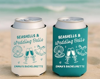 Seashells and Wedding Bells Can Coolers, Personalized Bachelorette Can Sleeves, Custom Beach Coastal Bachelorette Party Favors, Can Holder