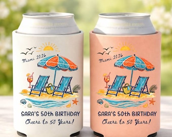 Fifty Birthday Can Coolers, 30th, 40th, 50th Birthday Personalized Can Sleeves, Beach Birthday Gift for Her