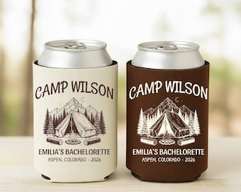 Camp Bachelorette Can Coolers, Personalized Lake Club Bachelorette Drink Can Sleeves, Camping Bachelorette Party Favors, Girls Weekend Trip