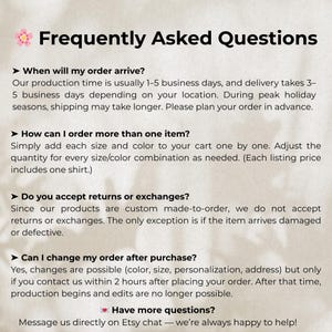 May include: A cream-colored graphic with the title "Frequently Asked Questions" and bullet points addressing order arrival, multiple item ordering, returns/exchanges, and order changes. The text encourages direct messaging for further inquiries.