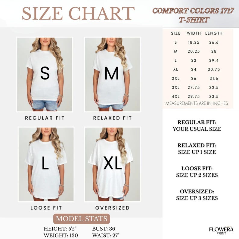 May include: Size chart for a Comfort Colors 1717 T-shirt, featuring models wearing white tees in various fits: regular, relaxed, loose, and oversized. Measurements are in inches, with size, width, and length details. Model stats: 5'5" height, 130 lbs weight, 36" bust, and 27" waist.