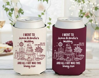 Funny Wedding Can Cooler, Personalized Drink Sleeve Favor for Wedding Guests, Custom Names & Date, Retro Wedding Gift Idea