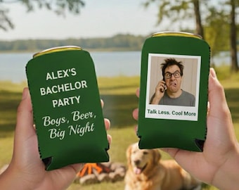 Personalized Bachelor Party Can cooler, Custom Party Photo & Text, Custom Birthday Favor, Customizable Beer Sleeve
