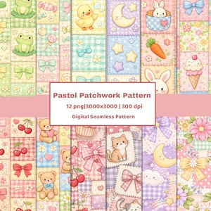 Pastell Patchwork Nahtloses Muster Bündel, Stoff Stil Kawaii Digital Paper Pack (12 PNG)