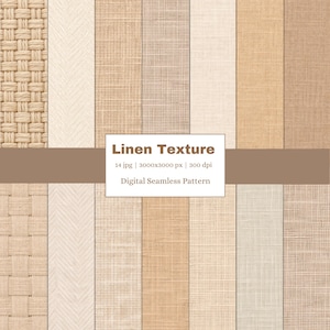 Op de afbeelding: Een digitaal naadloos patroon met diverse linnen texturen in beige en bruine tinten. De afbeelding toont geweven en effen weefpatronen, samen met de tekst "Linen Texture" en bestandsdetails.