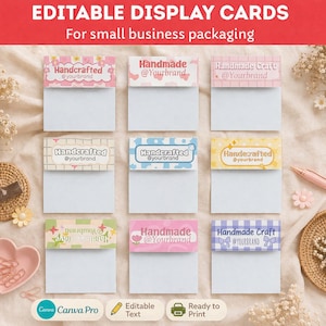Op de afbeelding: Negen displaykaarten met decoratieve headers, met de tekst "Handcrafted" en "Handmade" met ruimte voor een merknaam. De kaarten zijn wit met kleurrijke headerontwerpen en de tekst "EDITABLE DISPLAY CARDS" bovenaan.