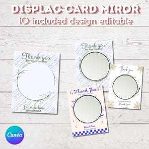 May include: Four cards with circular mirrors, each featuring the text "Thank You For Your Purchase." Designs include floral and striped patterns. The top of the image reads "DISPLAC CARD MIROR 10 included design editable."