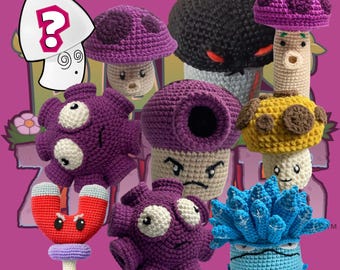 May include: A selection of handmade crochet figures inspired by the game Plants vs. Zombies. The figures include various mushroom designs in purple, black, and yellow, along with other character designs. The figures are displayed on a pink background.