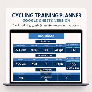 May include: A laptop screen showing a cycling training planner dashboard. The screen displays cycling data, including distance, time, rides, and average speed. The text "CYCLING TRAINING PLANNER" is at the top.