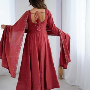 Maroon Chanderi Silk Anarkali Gown: Handwork Beads, Embroidery Dupatta