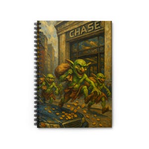 Puede incluir: Cuaderno de espiral con una ilustración humorística de duendes verdes huyendo de un banco, con la inscripción "CHASE". Los duendes llevan sacos y caen monedas de un coche.