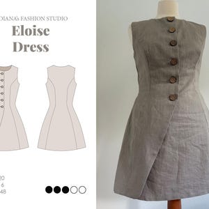 May include: A light brown sleeveless dress with a button-up front and an asymmetrical design. The dress is displayed on a mannequin. The image also includes a line drawing of the dress and the text "Eloise Dress".